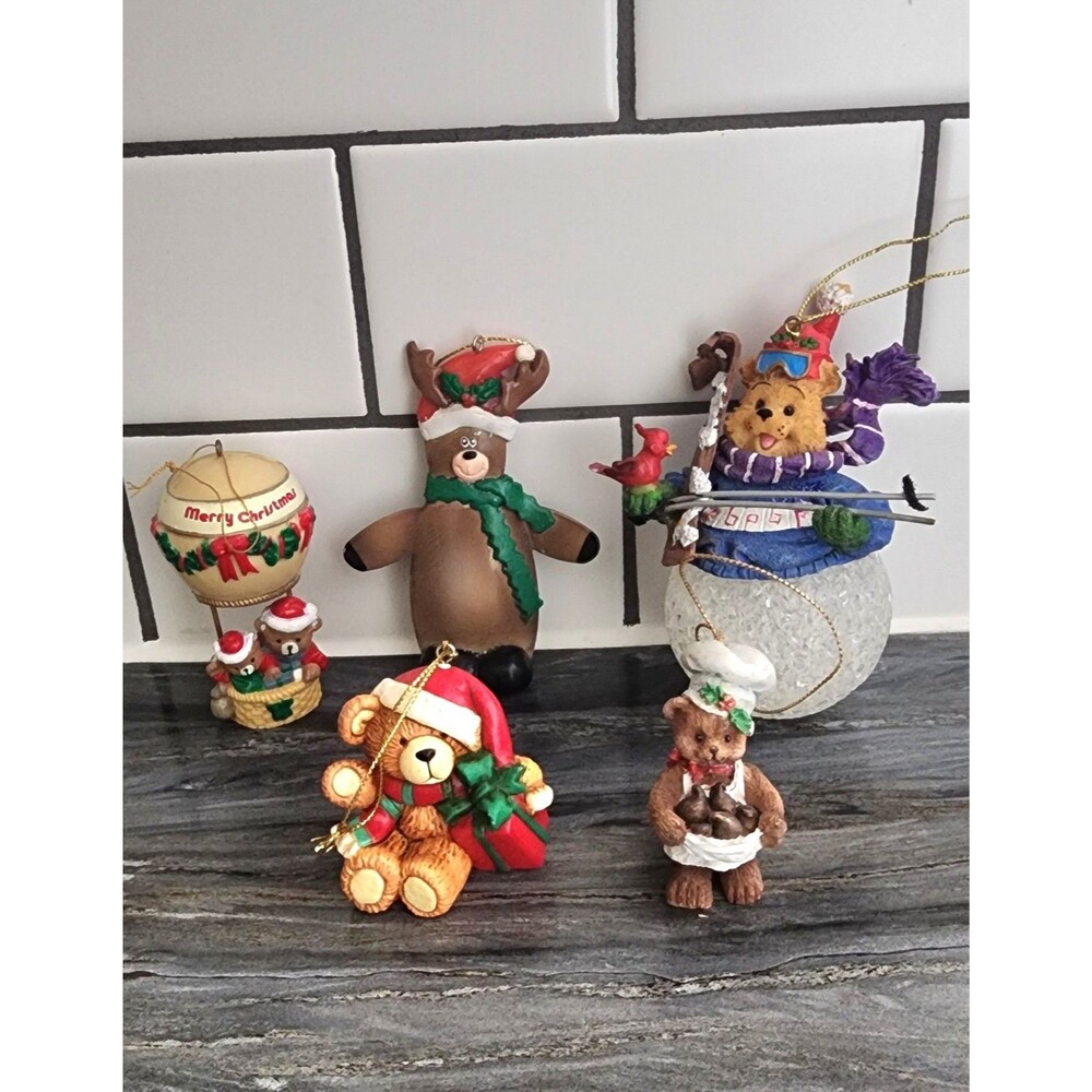 Vtg Christmas Bear Ornaments Lot 5 Resin Mixed Metal Reindeer Hot Air Balloon